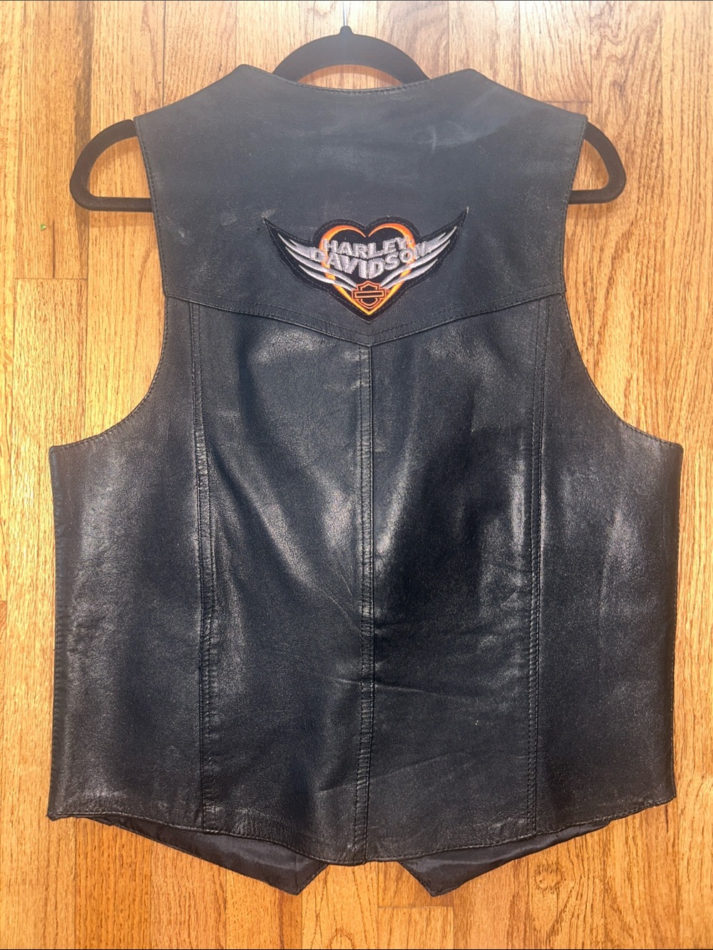 Harley Davidson Logo Women Vintage Black Leather Vest - Chain and Heart Detail